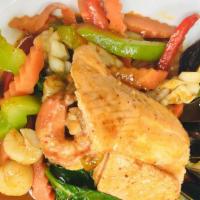 Seafood With Chili Sauce · Shrimp, squid, scallop, mussel and salmon sauteed with onion, sweet pepper and fresh sweet b...