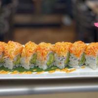Hawaiian Roll (8) · Crabmeat, cucumber and avocado with spicy crab on top and spicy mayo.