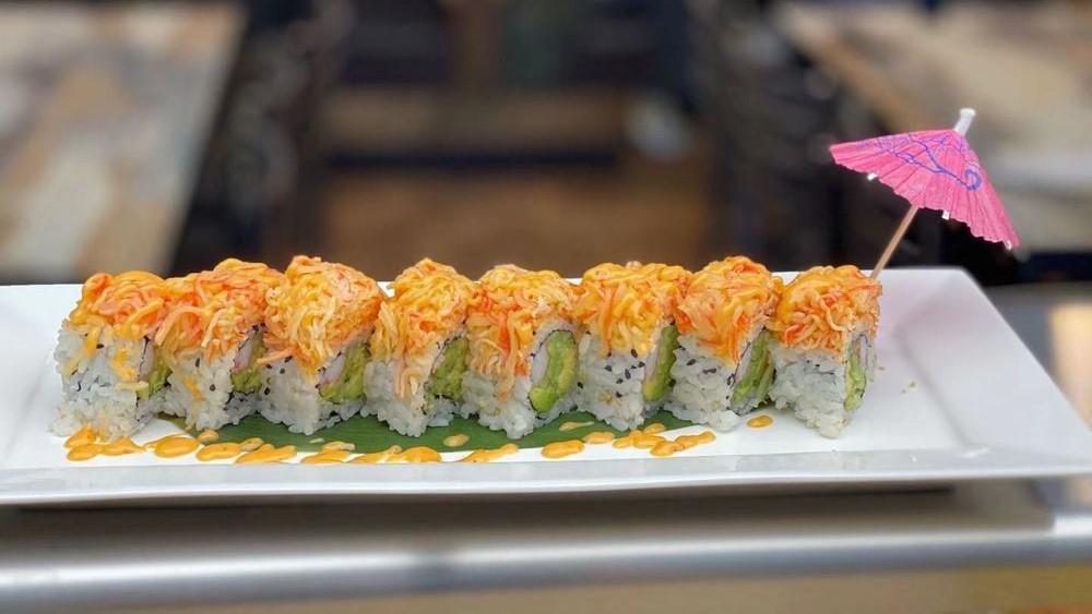 Hawaiian Roll (8) · Crabmeat, cucumber and avocado with spicy crab on top and spicy mayo.