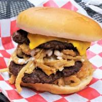 Loaded Double Cheese Burger · Two 3.5 Oz Ground beef Patties, american cheese, battered & fried onion & jalapeno slices, r...