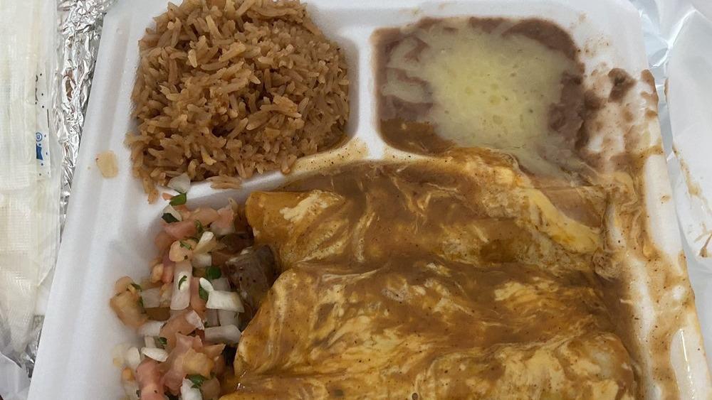Enchiladas · 3 Chicken or Beef fajita enchiladas served with Mexican rice and refried beans.