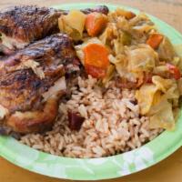 Jerk Chicken Plate · Leg quarters marinated in my special blend of spices & jerk seasoning, slow cooked on a wood...