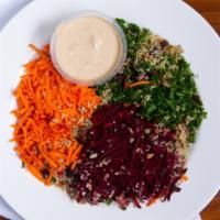 Superfood · Steamed quinoa, carrots, beets, kale, sprouted sunflower seeds, raisins, hemp seed, parsley ...