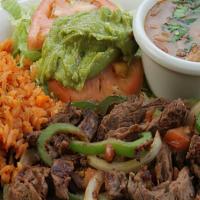 #15) Fajita A La Plancha Lunch Plate · Beef fajitas with sautéed bell peppers and  onions, charro style beans, rice, guacamole, and...
