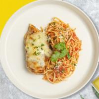 Cluckin' Parm Pasta · Fresh spaghetti and golden brown chicken breast with melted mozzarella and marinara sauce.