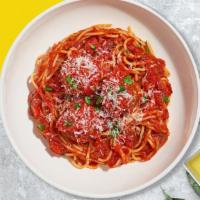 Bouncing Meatballs Spaghetti Pasta · Fresh spaghetti and homemade ground beef meatballs served with red sauce, red pepper flakes,...