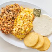 #1 Scrambled Eggs With Saute Onion & Tomato · Shredded beef, venezuelan white cheese and arepas (3).