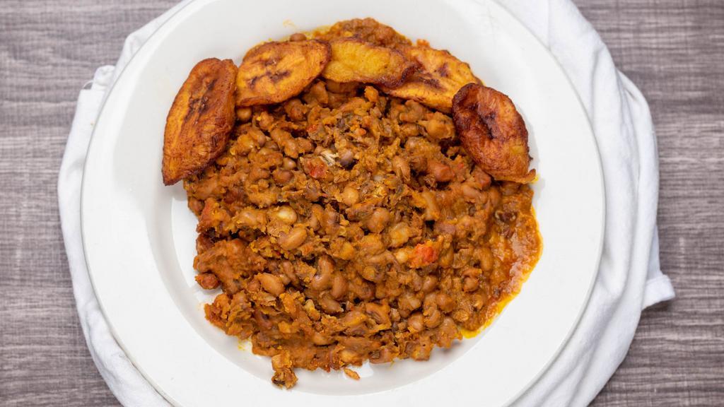 Mixed Beans · Beans with choice of meat, and a side of plantains (EWA riro-savory and sweet refried style beans).
