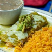 1 Shrimp Enchilada · Enchilada filled with spicy baby shrimp and cheese, covered with green sauce, topped with gu...