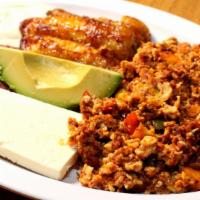  #10 Huevo Con Chorizo · three scrambled eggs  with spicy salvadorean chorizo sausage, tomatoes, greens peppers and o...