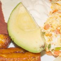  #6 Huevo Con Vegetales · 3 scrambled eggs with onions, tomatoes, green peppers, includes avocado, Salvadorean cheese,...