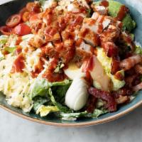 Bbq Chicken Salad · fried chicken breast, tomatoes, avocado, bacon, grilled corn, white cheddar, egg,  buttermil...