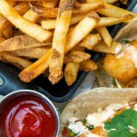 Crispy Fish Tacos · cod, cabbage slaw, white cheddar, pico de gallo, chipotle  buttermilk herb dressing, corn to...