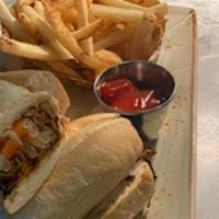 Bulgogi Cheesesteak Sandwich · marinated bulgogi steak, white cheddar, caramelized onions, red bell pepper, french roll