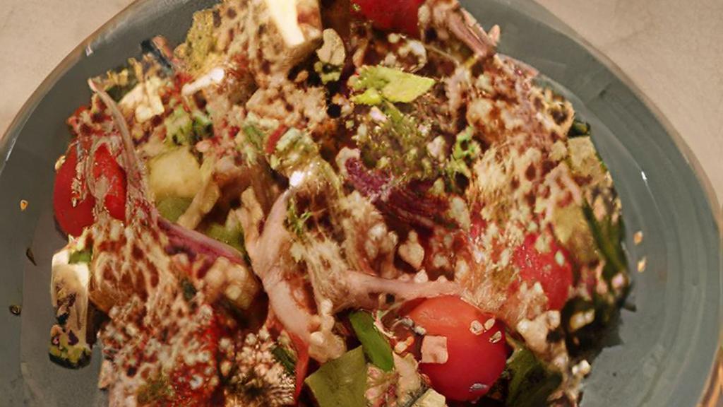 Red Quinoa Salad · Cucumber, red onion, cherry tomatoes, valbreso feta, mint, parsley, and lemon vinaigrette.