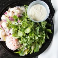 Bay 101 Bowl · Scallop, red onion, crab, cilantro, cooked shrimp, lettuce, green onion, seaweed with creamy...