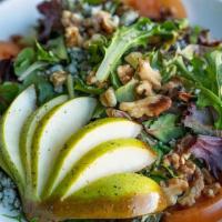 Pear Walnut Salad · Fresh mixed greens, chopped pear walnuts, tamales, and blue cheese crumble served with vineg...