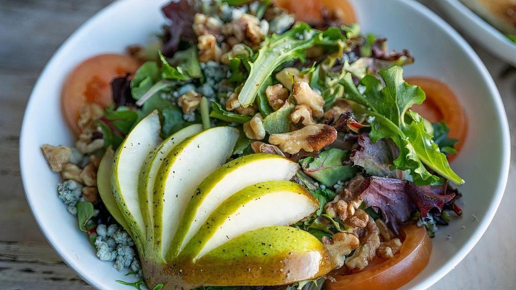 Pear Walnut Salad · Fresh mixed greens, chopped pear walnuts, tamales, and blue cheese crumble served with vinegeratte.