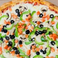 Veggies Pizza · Pizza sauce, cheese, mushroom, olives, onions, peppers and tomato.