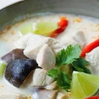 Tom Kha (Coconut Soup) · Coconut Milk based soup with Kaffir Lime leaves, Galangal, Lemongrass, Mushrooms, Onions, an...