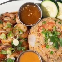 Gralic Shrimp Stry-Fry &  Fried Rice · Gralic -egg fried rice with pea & carrot  & shrimp stir-fry ,green & red bell peppers,brocco...