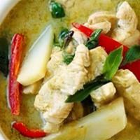 Green Curry · Bamboo Shoot, Thai Eggplant, Bell Pepper, Basils, Kaffir Leaves.