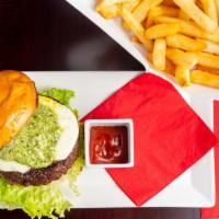 Impossible Green Burger · Impossible veggie burger on a soft brioche with lettuce, tomato, pesto mayo and fresh mozzar...