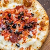 Ultra Calabrese · Dry Calabrese, Cheese, Black Olives, Tomato & Red Pepper Flakes on a fresh baked 4 inch dough.
