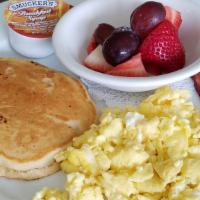 Kids Brekfast · kids breakfast
1 Corn cake, 1 Scrambled eggs, 1 turkey bacon slice.