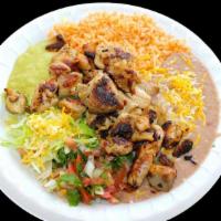 #22 Grilled Chicken Plate · Served with rice and beans. Guacamole, pico De gallo. Side of tortillas. Corn or flour.