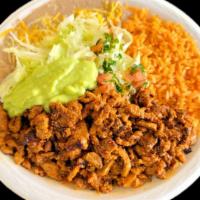#16 Carne Adobada Plate · Served with rice and beans. Guacamole and pico De gallo. Corn or four tortillas on the side.