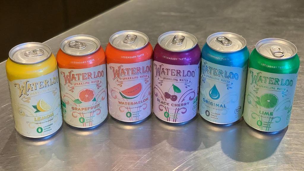 Waterloo Sparkling Water. · 12 oz Waterloo Sparkling Water Cans. Available in Lemon-Lime, Watermelon, Original, Black Cherry, and Grapefruit.