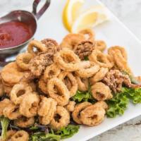 Calamari Fritti · served with 3 shrimp, house cocktail sauce