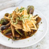 Mussels · white wine sauce, tomatoes, garlic, shallots, french fries, lemon pesto aioli