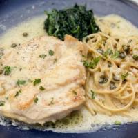 Pollo Picata · Grilled chicken breast, garlic, lemon, capers, parsley, white wine, served with spaghetti an...