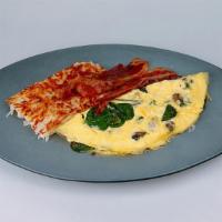 Jon'S Omelet. · Choice of meat, spinach, mushrooms, Swiss cheese, and hash browns.