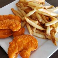 Buffalo Chicken Tenders And Fries · 4 chicken tenders dipped in HOMEMADE buffalo sauce served with a heaping order of fries