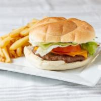 Hamburger Combo · Six oz. burger on fresh baked brioche roll, served with fries, and soda.