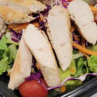 Garden Salad W/Grilled Chicken  · Mixed Greens, Purple Cabbage, Carrots, Cherry Tomatoes, Croutons & Grilled Chicken served wi...