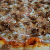 Sausage Pie · Sausage over mozzarella cheese and your choice of original or Spicy sauce all on top of our ...