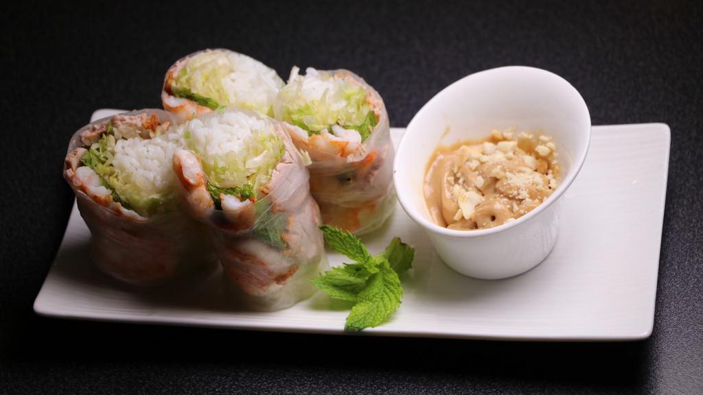 Spring Rolls · Classic Vietnamese Salad Roll.
Char Siu (bbq Pork), shrimp, vermicelli, sliced lettuce, and mints are wrapped by thin rice paper. 
Served with house special peanut sauce.