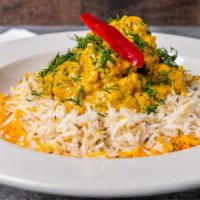 Saffron Chicken · Boneless chicken slowly cooked in a yogurt based stew, infused with saffron, lemon, and dill.