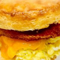 Bacon, Egg & Cheese Biscuit · Applewood smoked bacon cooked crispy, served with your choice of biscuit and style of eggs.