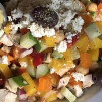 Chopped · Cucumber, bell pepper, chick peas, capers, tomato, red onion, crumbled feta, olives, vinaigr...