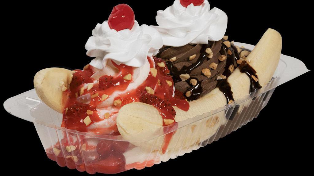 Banana Split · Choice of soft serve ice cream, three toppings , whip cream and a cherry.