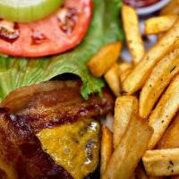 Ns Burger · Black Angus Beef, Lettuce, Onion, Cheddar Cheese, Tomato, Bacon and One Side of Choice