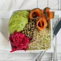 Salmon Salad · Smoked gravlox, kale, avocado, carrots, beet slaw, alfalfa sprouts, onions with sweet lemon ...