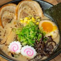 Tonkotsu Miso Ramen · Skinny noodle with chashu, egg, fish cake, scallion, corn, bamboo shoots, wood ear and nori ...