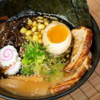 Tonkotsu Shoyu Ramen · Skinny noodle with chashu, egg, fish cake, scallion, corn, bamboo shoots, wood ear and nori ...