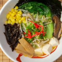 Vegetable Ramen · Curly noodle with tofu, beansprout, bok choy, mushroom, scallion, bamboo shoots, corn, wood ...